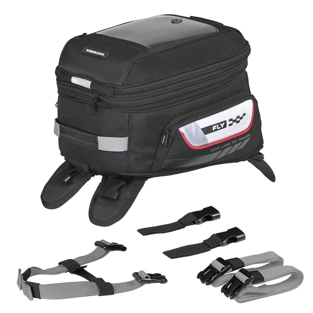 ViaTerra Fly Universal Motorbike Tank Bag (22 litres expanded) with Rain Cover/Dust Cover | Compatible with All Motorcycles (Fiber and Metal Tanks)