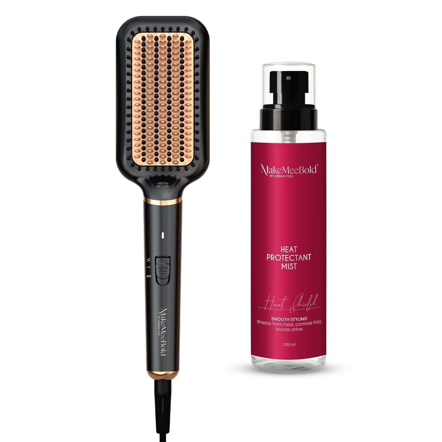 MakeMeeBold Frizz Free Hair Straightener Brush with 73mm Large Paddle Design & Heat Protectant Spray | Fast PTC Heating, 2 Heat Settings (180°C & 210°C), Auto Shut-Off