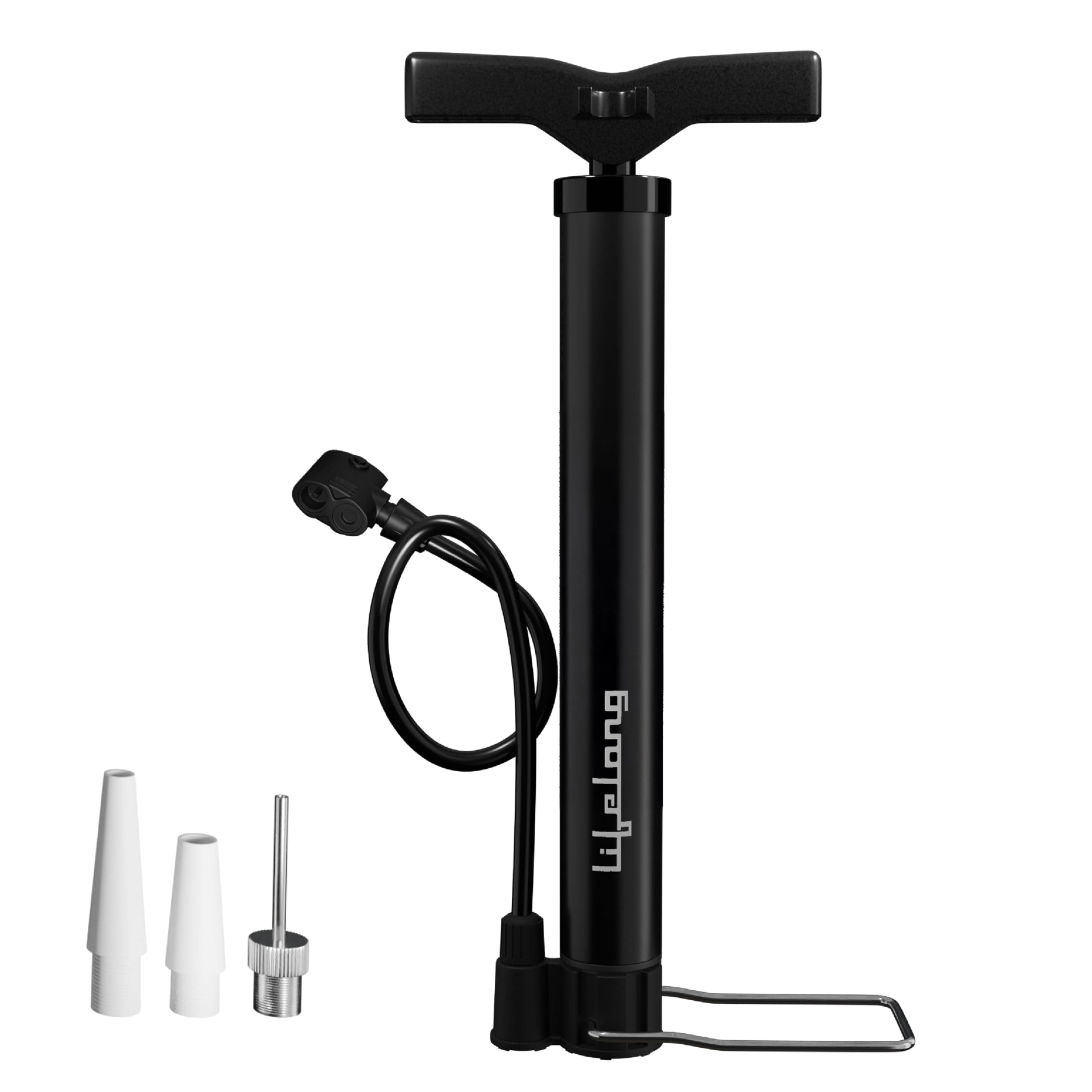 Lifelong Bicycle Air Pump with Needle and Dual Valve | Portable 32 cm with High Pressure Output, Sturdy Steel Tube, Ergonomic Handle and Stable Base | Balls, Tubes and More (Black)