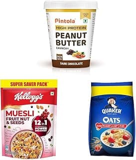 Pintola High Protein Peanut Butter Chocolate Flavour Crunchy 510g || Kellogg's Muesli Fruit Nut & Seeds 750G || Quaker Oats 1Kg, Rolled Oats Natural Wholegrain