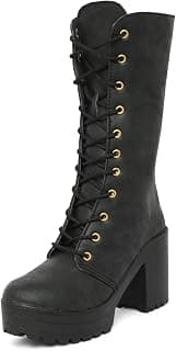 Fiia Women's Stylish Combat Boots with Chunky Block Heel | Lace-Up High-Ankle Boots for Winter & Casual Wear