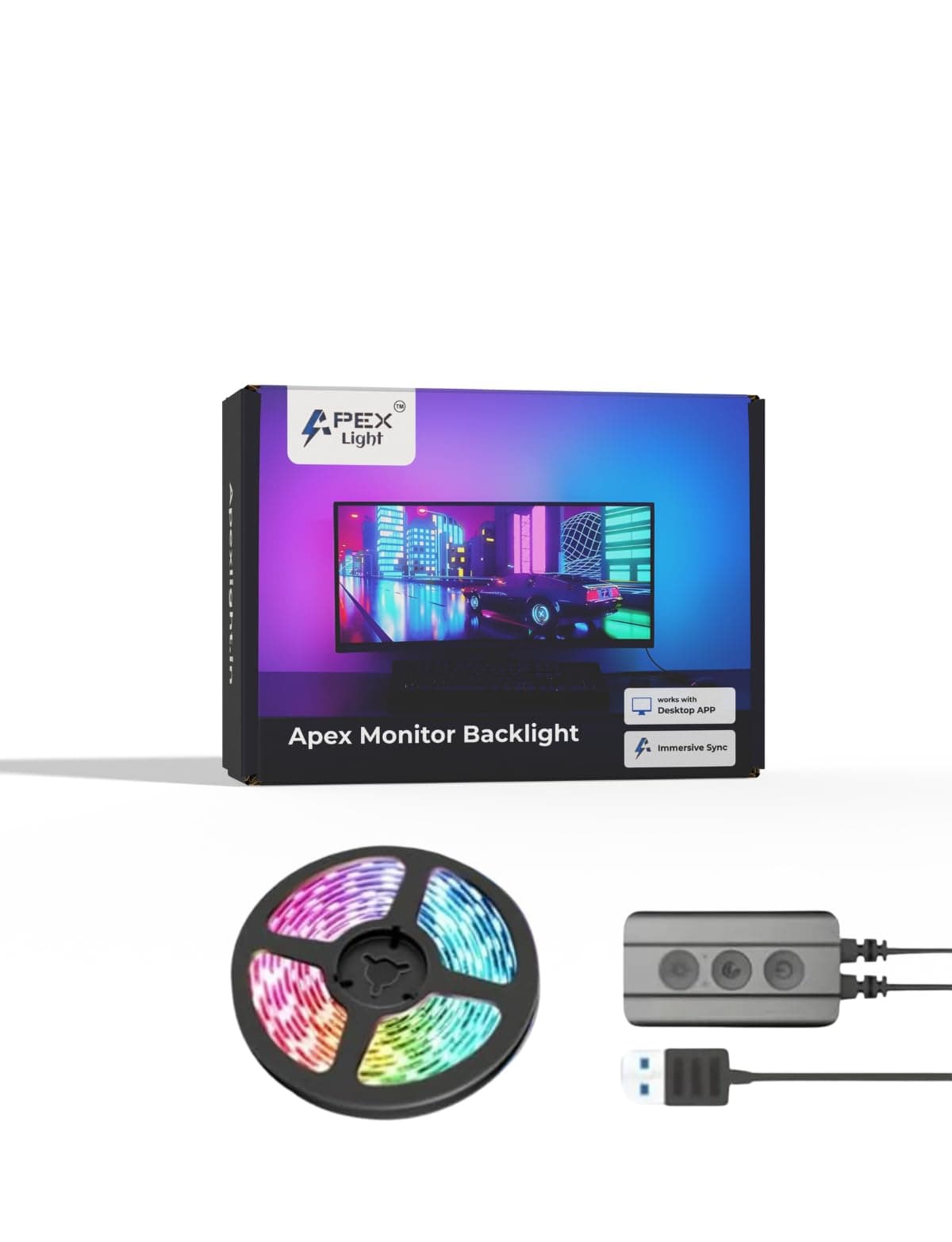 APEX LIGHT Monitor Backlight (Upto 40 inches Monitor Size) || Color Changing with Screen Sync Box PC Backlight || RGB5050 Smart LED Strip (Monitor Sync Back Light)
