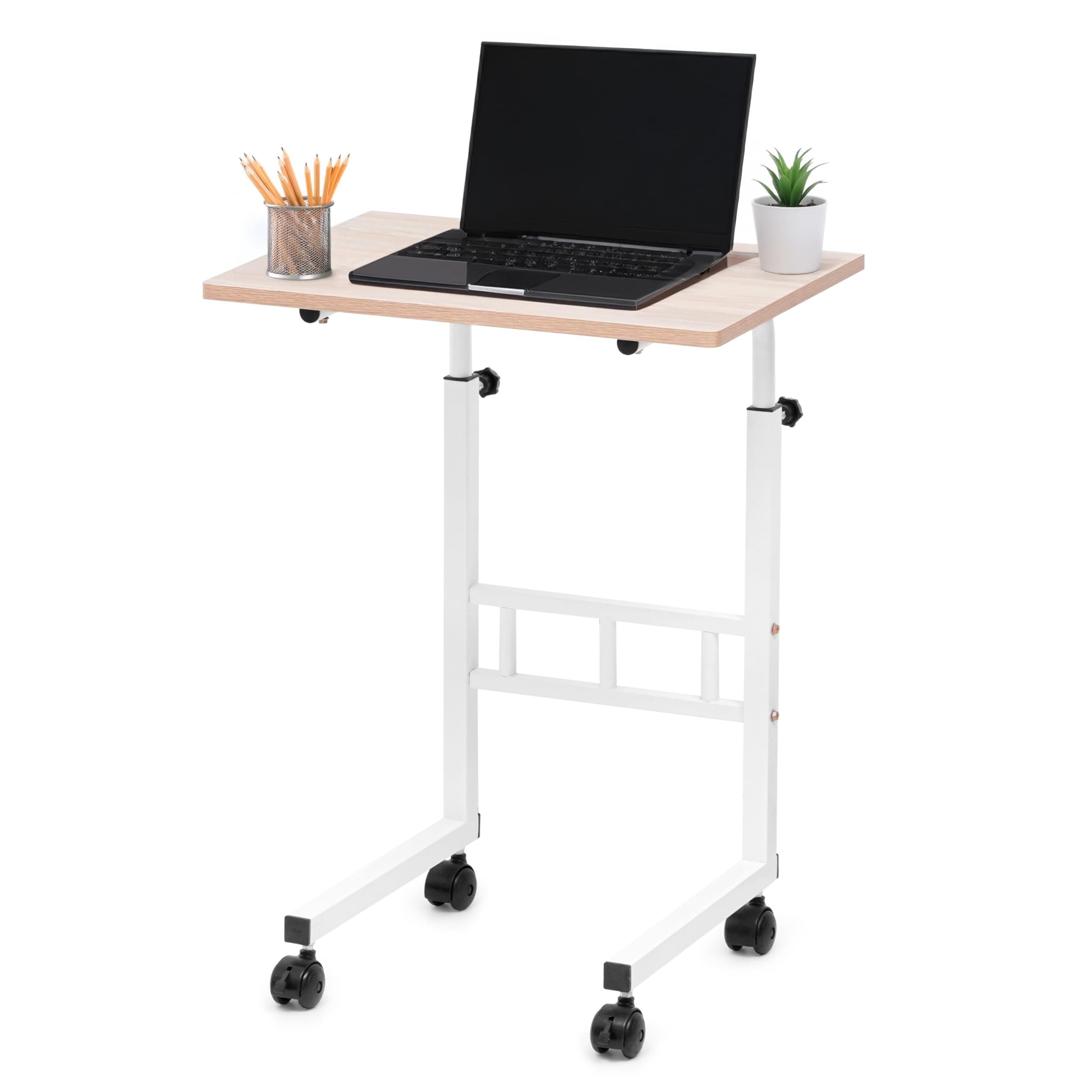 Livzing Height Adjustable Utility Tables for Computer & Laptop-Engineered Wooden Table with Locking Wheels-Multipurpose Study Desk-Strong & Movable Desk for Work at Home-Sit and Stand Desks-White