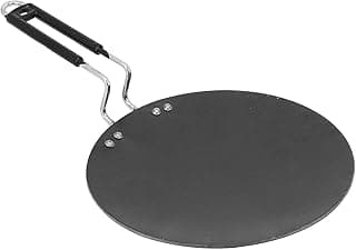 All in 1 Flat Tawa for Roti Paratha Chapati Phulka Omelette Gas Stove Compatible Induction Base Tawa Color Black Roti Tava Wider Base Cast (Stainless Steel Handle) km292