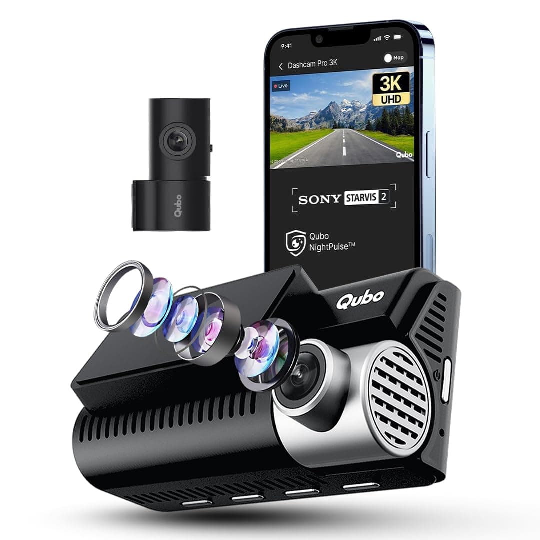 Qubo Car Dashcam Pro 3K [2026 Edition] Sony STARVIS 2 IMX675 Sensor| Dual Channel | Hero Group | NightPulse Vision | 5MP UHD Front Wide, 2MP FHD Rear | 3.2" LCD| Built-in GPS, Wi-Fi, Mic|1TB Storage