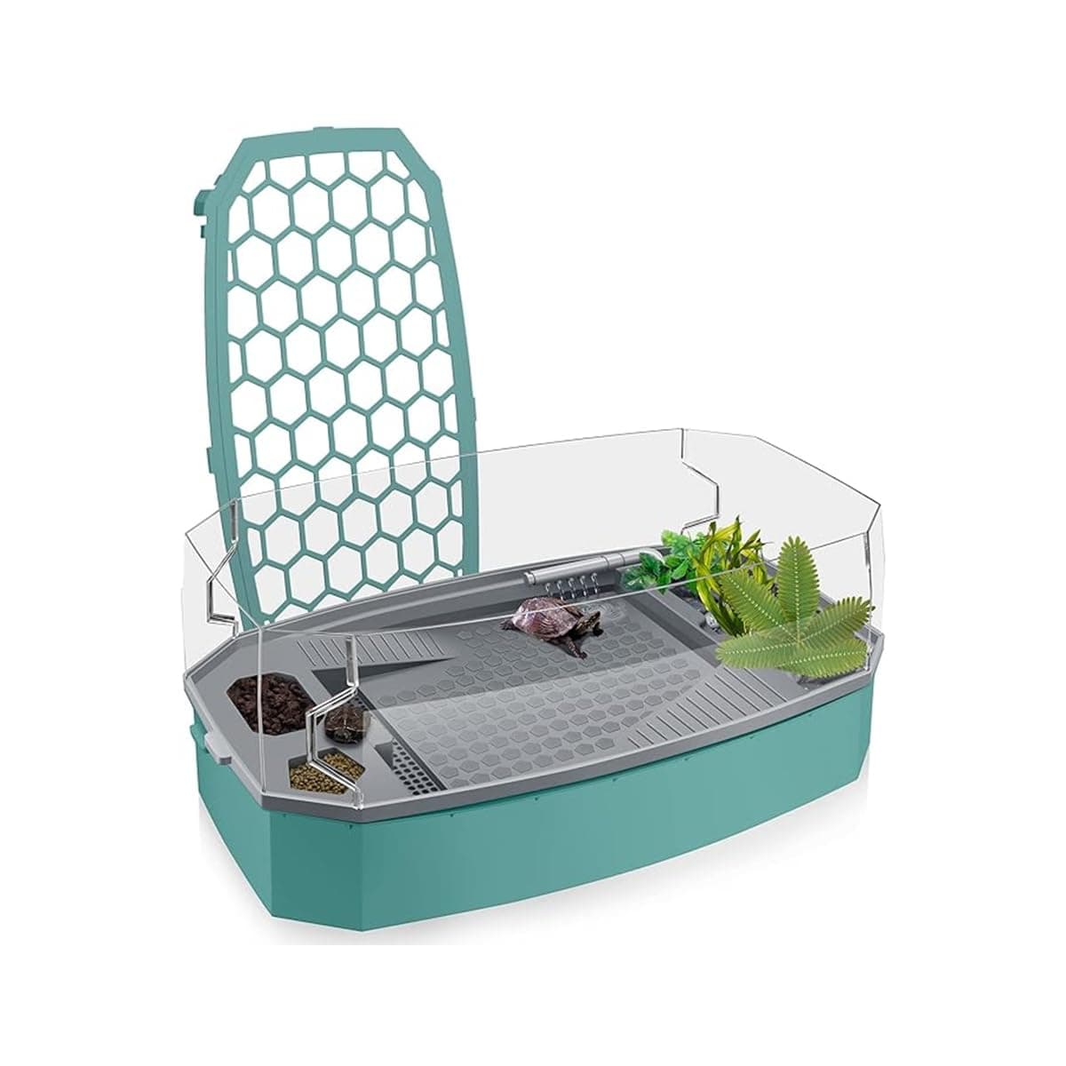 Rizopets Acrylic Turtle Aquarium with Filter, Turtle Reptile Habitat Tank with Basking, Swimming, Breeding, Hibernation & Feeding Platform (Large, Green)