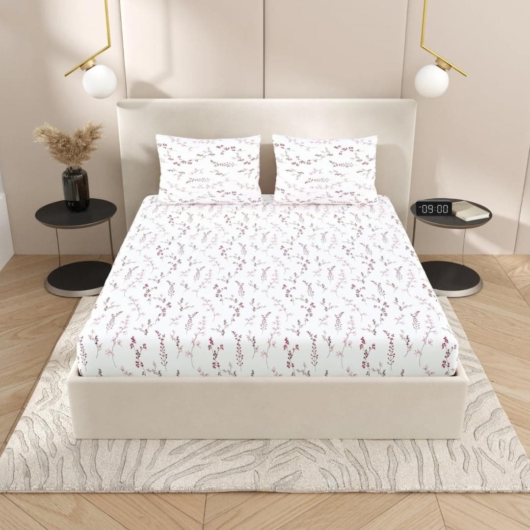 Jaipur Weaves Queen Size Fitted Bedsheet Cotton with Elastic, 100% Pure Cotton Double Bed Fitted Sheet with 2 Pillow Covers, 240 TC, 60×78 Inches up to 8-inch Mattress, Floral Design – (Tulips Pink)