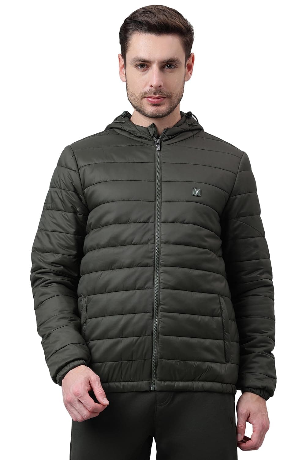 Van Heusen Men Solid Quilted Jacket - High Neck, Zip Front, Full Sleeves