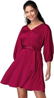 FabAlley Women Hot Pink Satin Shift Dress with Belt