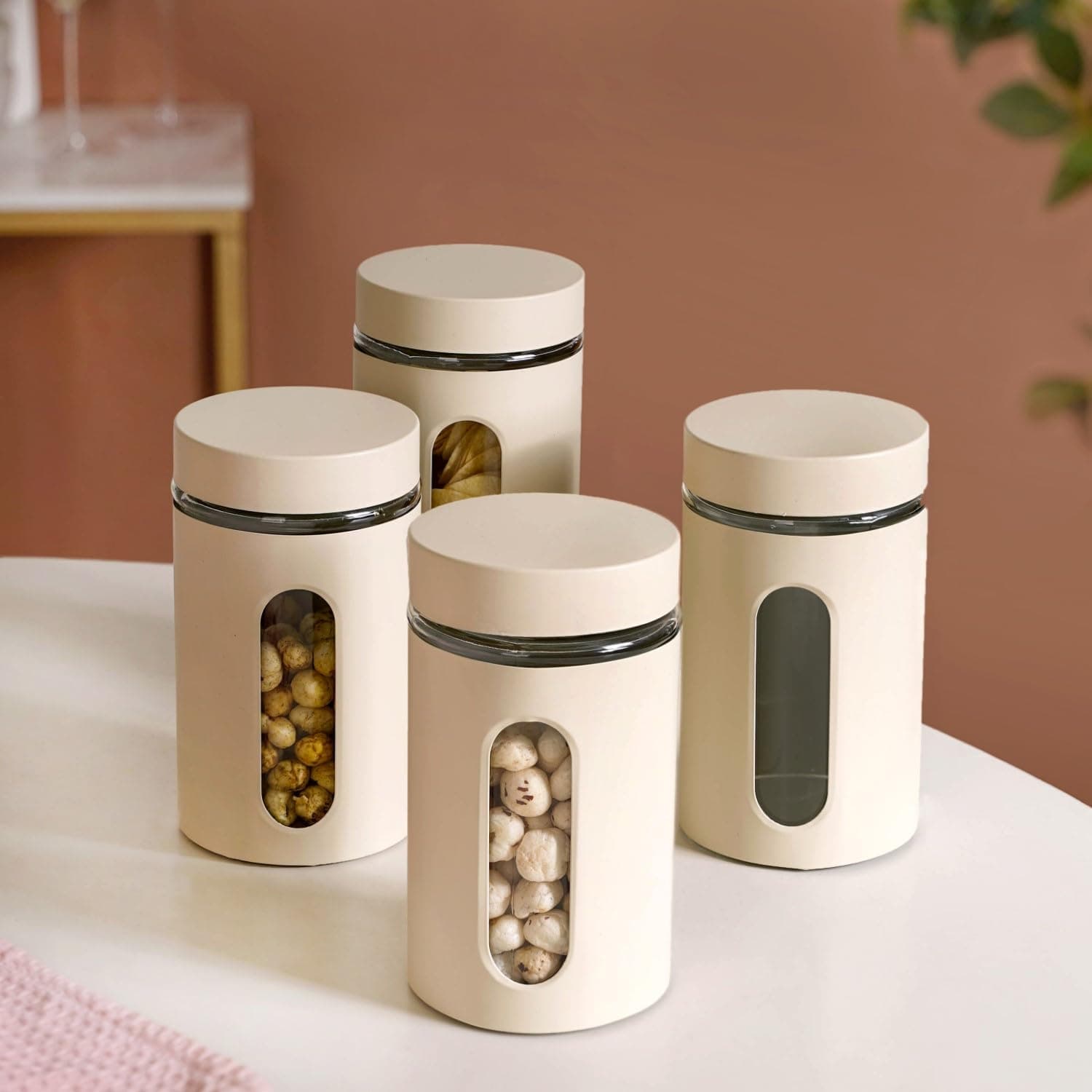 Nestasia Oval Window Metal Jacketed Glass Jars Set of 4 (1000 ml Each) - Glass Containers for Kitchen Storage with Transparent See - Through Window for Snacks, Dry Fruits, Tea & Coffee (Beige)