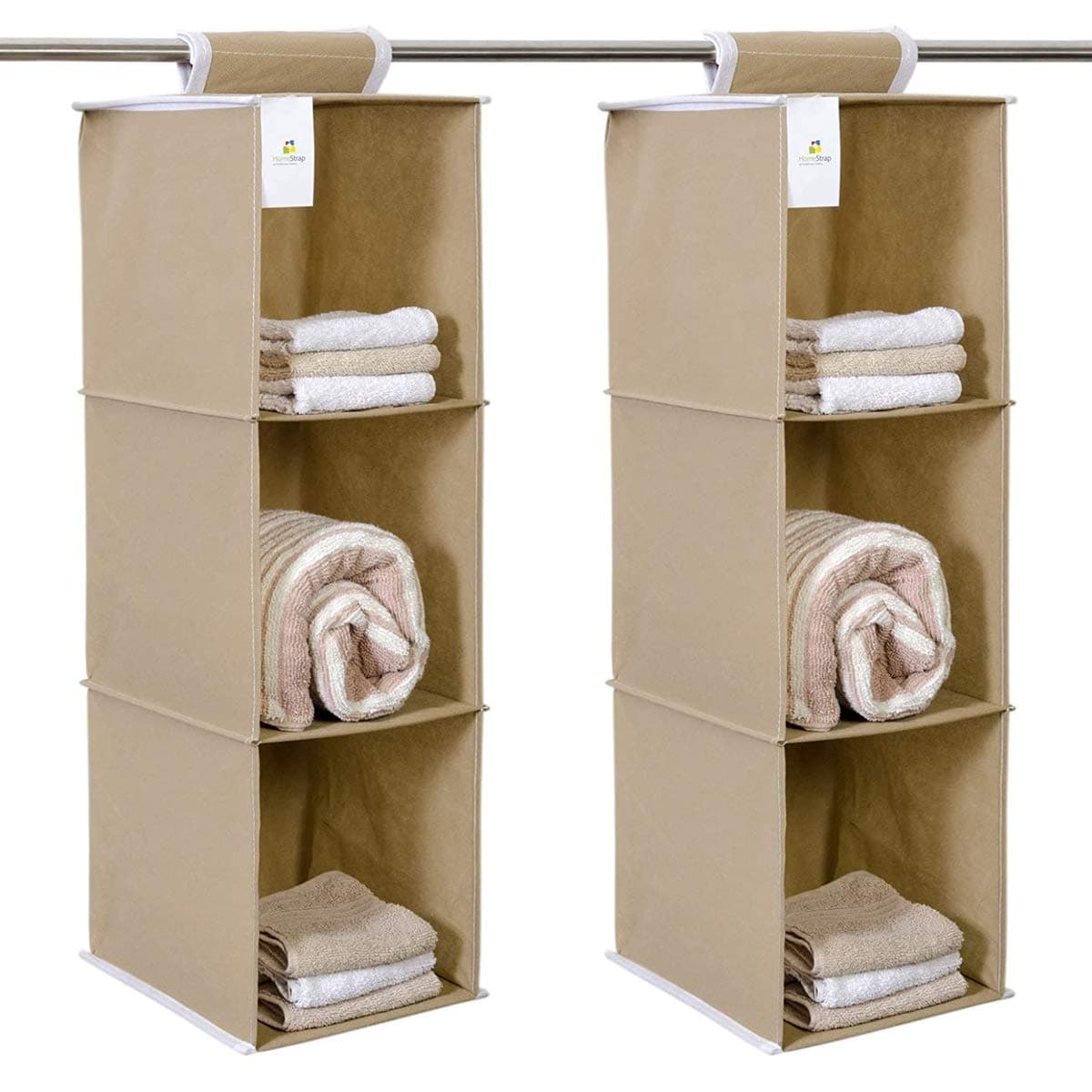 HomeStrap 3-Shelf Closet Hanging Organizer | Durable Non-Woven Fabric Storage Hanger with Engineered Wood | Stylish Wardrobe Storage Solution | Beige (Pack of 2)