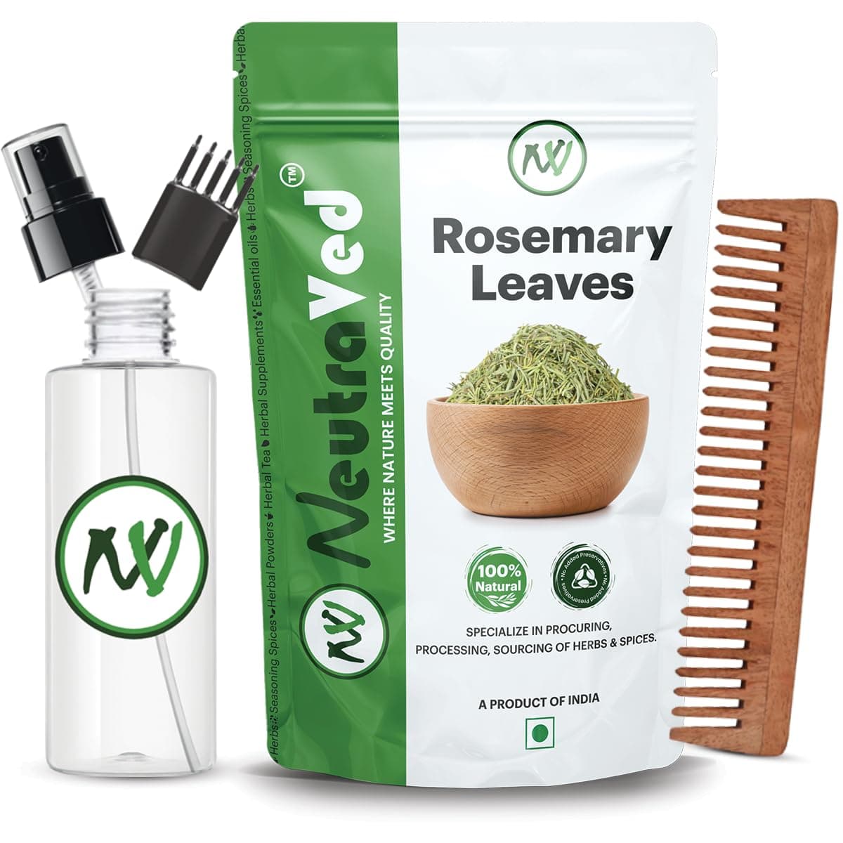 NeutraVed Rosemary Leaves Organic | Rosemary Dry Leaves for Hair Growth, Stronger Strands & Natural Hair Nourishment, Food Grade | Includes Comb Applicator, Mist Spray & Neem Comb | 50g