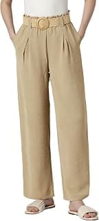 Van Heusen Women's Regular Fit Mid Rise Belted Casual Wide Leg Pants