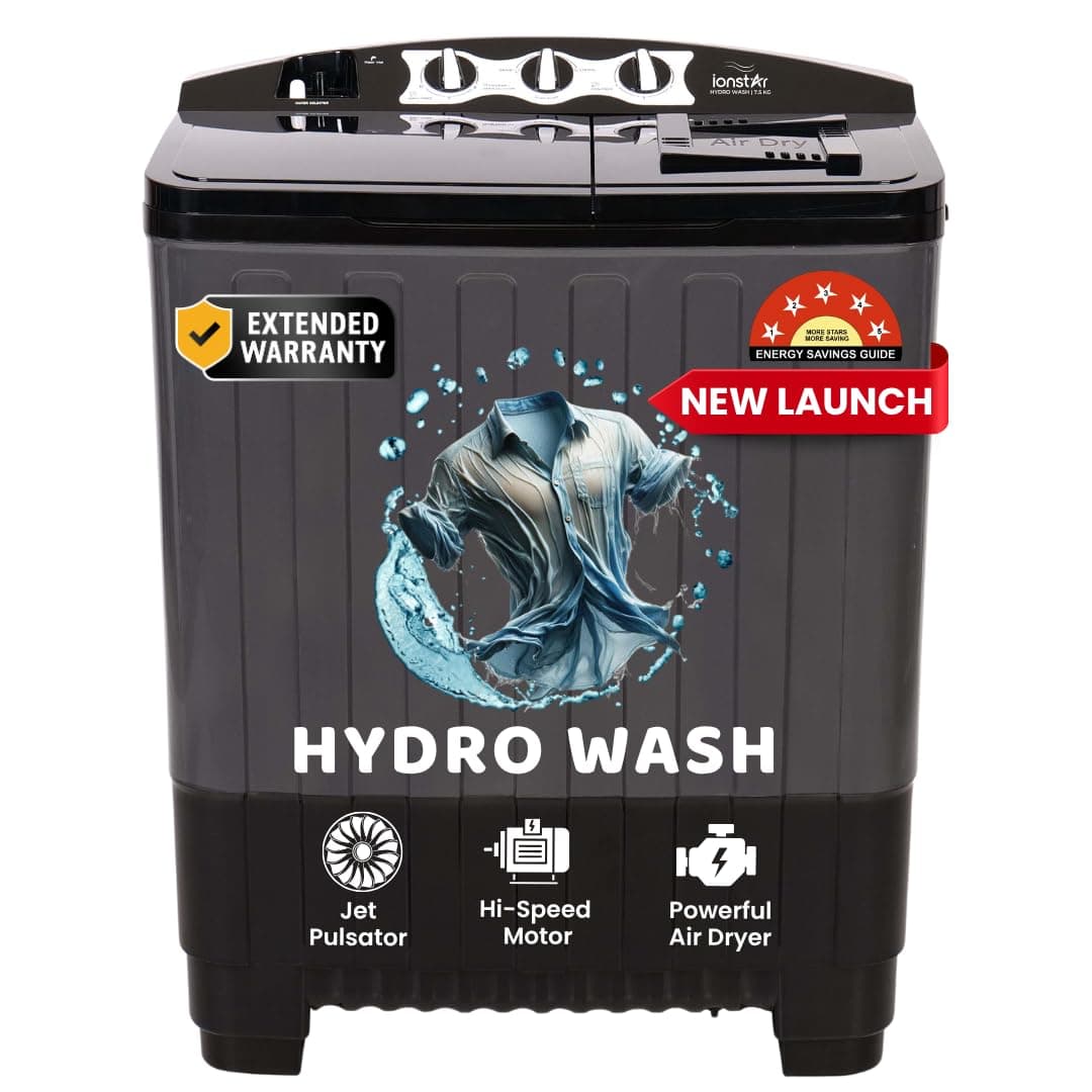 Ionstar 7.5 Kg Semi Automatic Washing Machine - 5 Star Rated - 2025 - Top Load - Jet Pulsator - Magic Filter - Special Air Dryer - Buzzer - Wheels - Powerful Copper Motor - 1500 RPM (STAR75-AQUA-G)