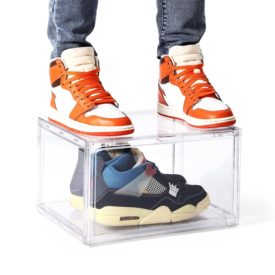 SNEAKARE Stackable Shoe Storage Box | Heavy Duty Plastic Sneaker Crate with Magnetic Door | Shoe Organizer for Men & Women | Fits Upto UK 14 | Durable Shoe Storage Box Clear Pack of-1
