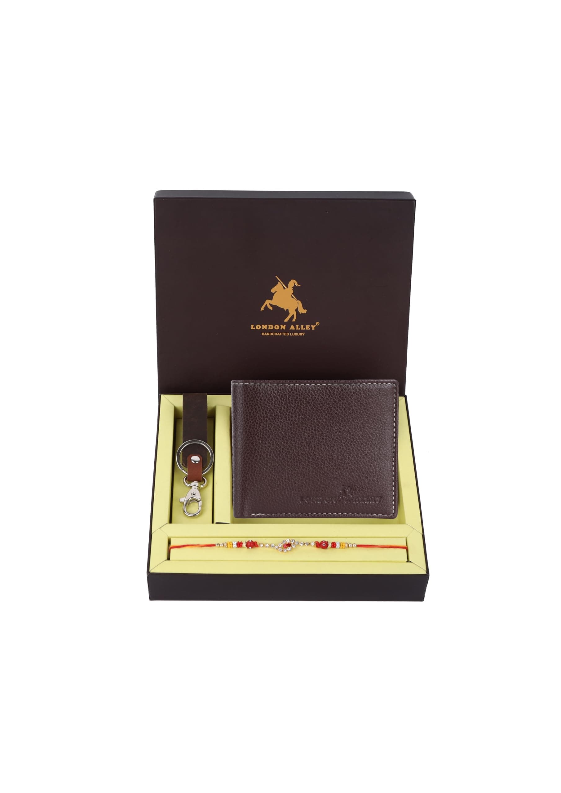 LONDON ALLEY Rakhi Gift for Brother | Premium Gift Set for Rakshabandhan | Leather Brown Wallet, Keyring and Rakhi for Brother | Rakhi Gift for Bhai/bhaiya