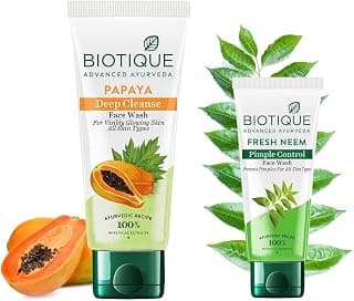 Biotique Bio Papaya Visibly Flawless Skin Face Wash For All Skin Types, 150ml & Bio Neem Purifying Face Wash For All Skin Types, 150ml
