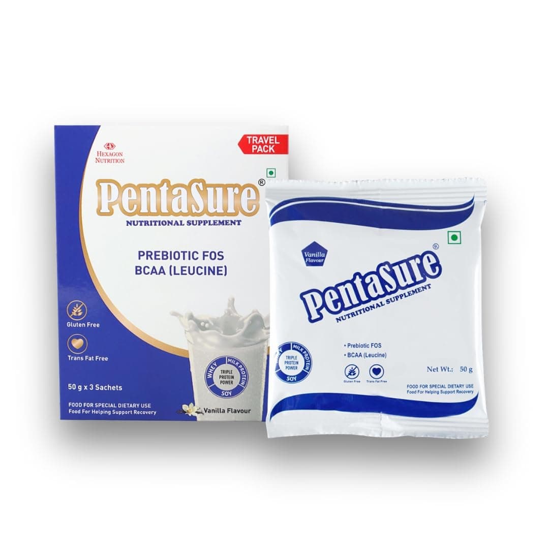 PentaSure Complete Balanced Nutrition | Daily Nutrition Protein Shake | Vanilla -150g (3 x 50g) Trial or Convenience Pack| Whey, Milk & Soy Protein Blend | BCAA (Leucine) & Prebiotic FOS
