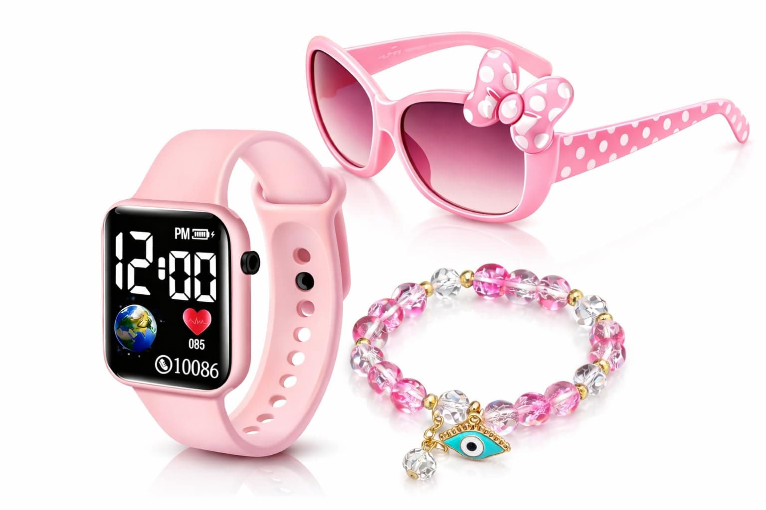 ALNA-TURA Combo Gift For Kids Girls | Pink LED Digital Watch, Cute Pink Sunglasses & Beaded Bracelet | Stylish Fashion Accessories Kit for Baby Childrens | Best Birthday Return Gift Toy Set For Age 3 to 12 Years