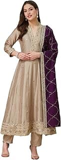 MOKOSH Women’s Silk Anarkali Suit Floral Thread & Sequin Embroidered Kurta Pant Dupatta Set Ethnic Wear