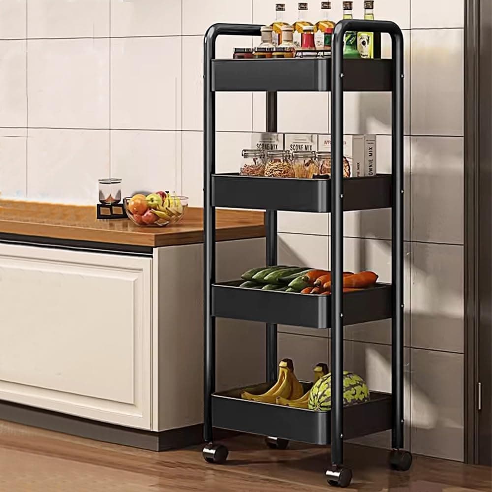 CoolLeaf KT-B4 Kitchen Storage Rack, Steel Kitchen Trolley with Wheels, Hooks and 4-Layer Baskets, Vegetable Stand for Kitchen Organizer, Onion Potato Rack for Kitchen-10kg Loading Per Layer | Black