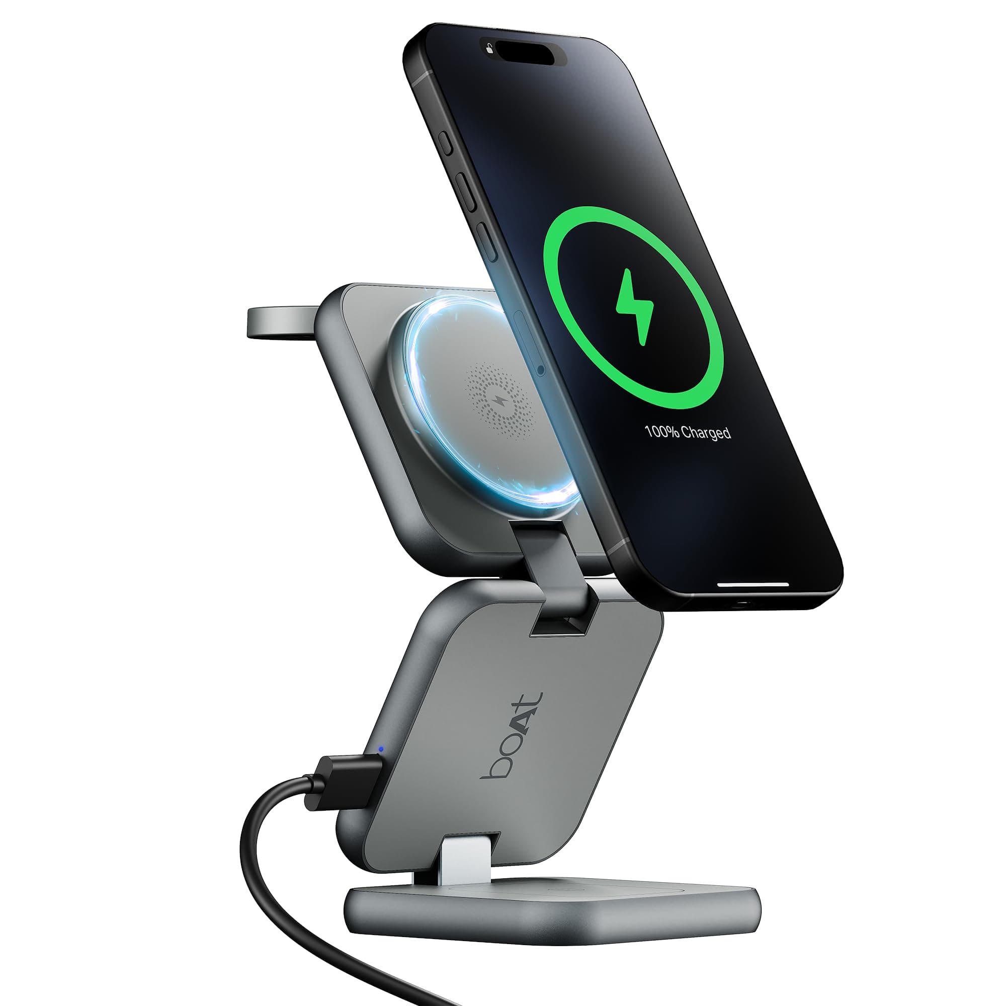 Boat FlexCharge 360 3-in-1 15W Wireless Charger, Foldable, Magnetic Magsafe & Multi-Angle Charging; LED Indicator & Anti-Slip Finish for Apple iPhone 16|15|14, Apple Watch & AirPods (Slate Grey)