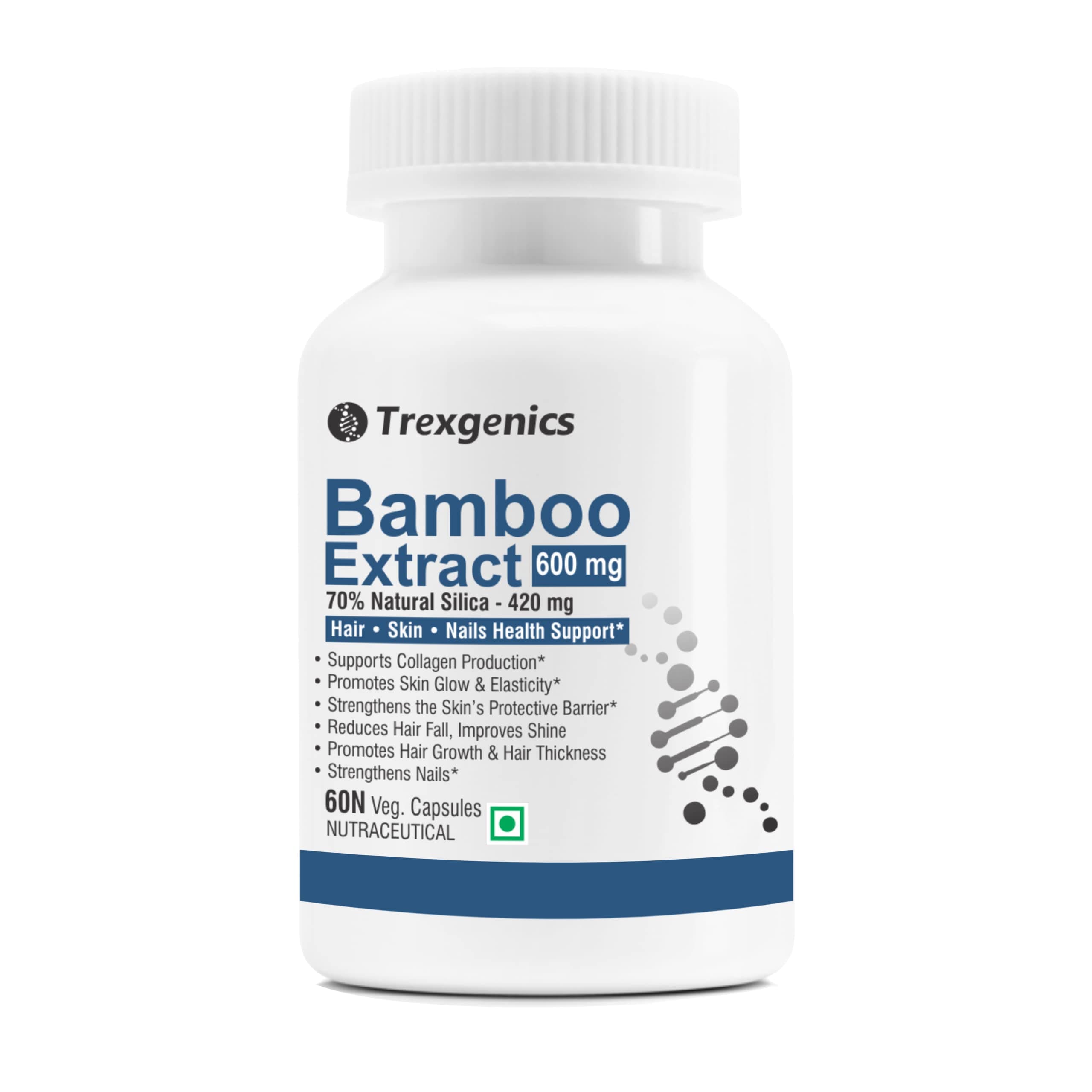 Trexgenics BAMBOO EXTRACT 70% Silica 600 mg Hair,Skin, Nails Support VEGAN & NON-GMO (60 Veg. Capsules) (Pack of 1)