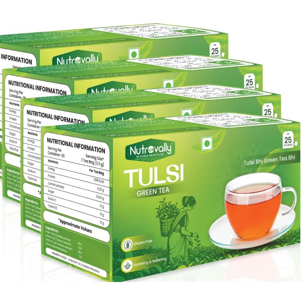 NutroVally Tulsi Green Tea | Pack of 4 (100 Bags) | Herbal Green Tea with Holy Basil | Rich in Antioxidants & Flavonoids | Supports Detox, Digestion, Immunity & Daily Hydration | Caffeine-Light