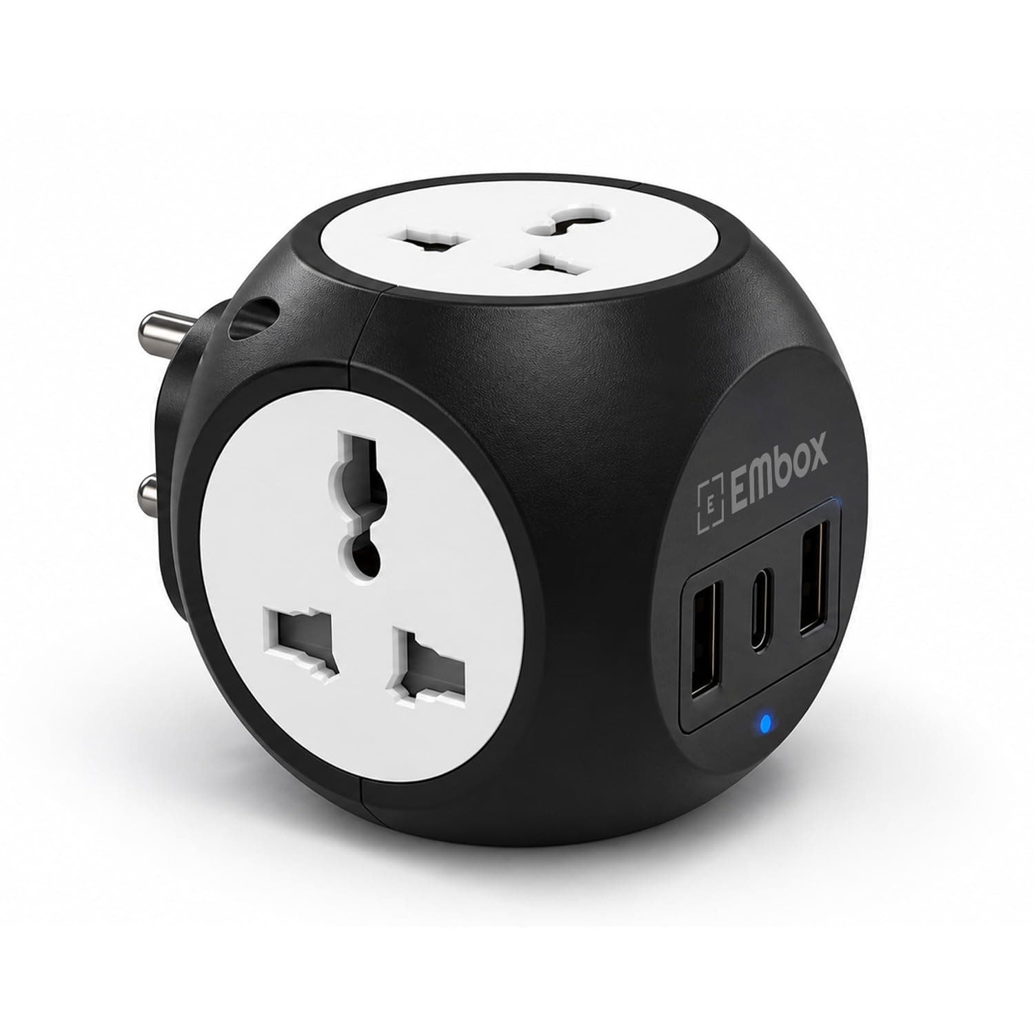 EMBOX Multi Plug Adapter with USB Ports Type -C (QC 3.0) Universal Sockets and LED Indicator, Safety Shutter, 3 Pin Plug Socket Extension, Black