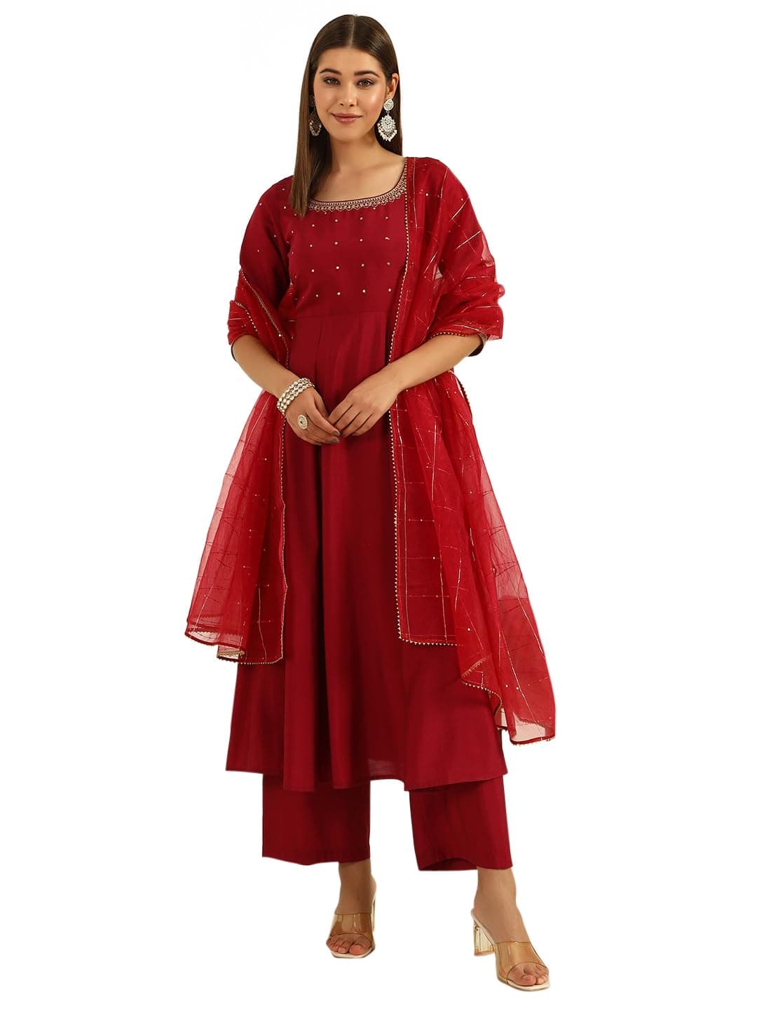 FIORRA Women's Maroon Viscose Chanderi A-line Kurta with Pant and Dupatta