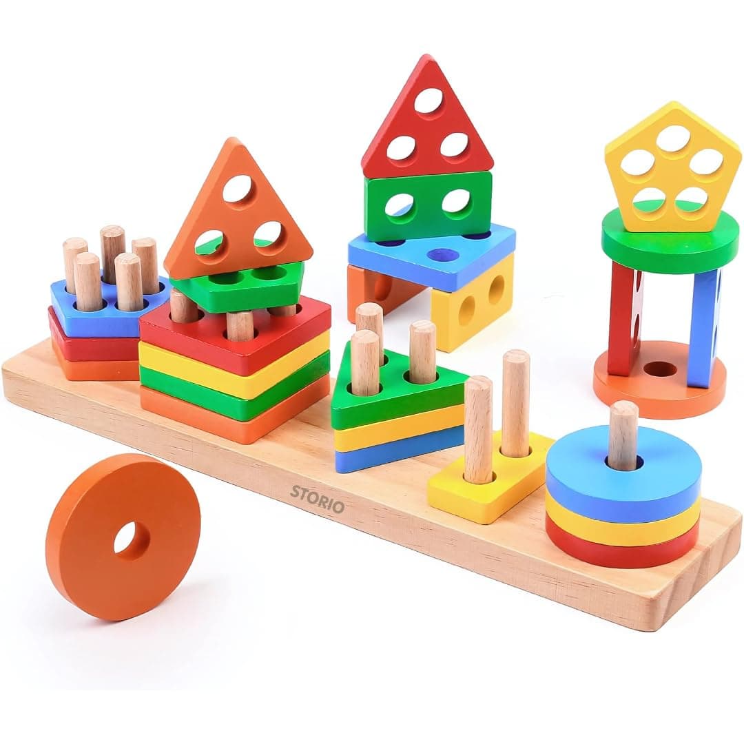 Storio Wooden Building Blocks Safe to Play Angle Geometric Shape Sorter Blocks,Sorting&Stacking Toys for Toddlers and Kids,Color Stacker Educational Learning Toy for 1 2 3 Years Old Unisex,21 Piece