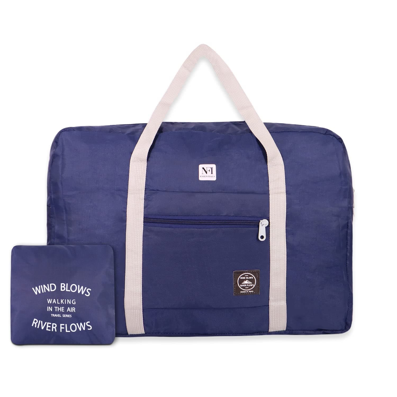 NFI essentials Foldable Duffle Bag Luggage Travelling Bag Lightweight Carry on Travel Duffel Bag for Airplane, Beach Bag, Gym Sports (Blue) 45.5x14.5x33 cm