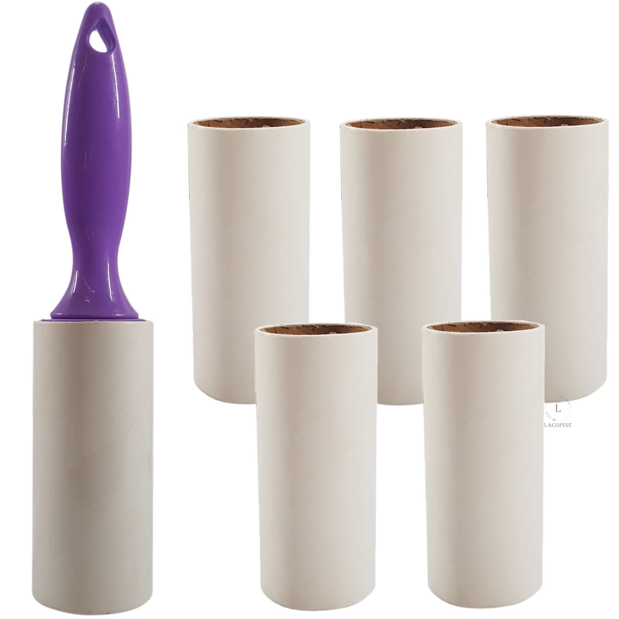 LACOPINE Lint Rollers Set for Clothes Furniture, Clothing, Carpet, Pet Hair Removal and More, 1 Handle with 5 Refills, 180 Total Sheets (Purple)