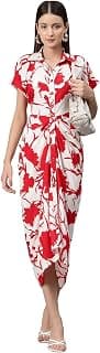 Cottinfab Women White and Red Short Sleeves Floral Print Crepe Shirt Midi Dress