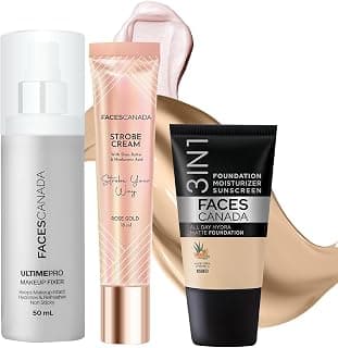 FACES CANADA Always On Glow Combo - All Day Hydra Matte Foundation - Absolute Ivory 012 (18 ml) + Strobe Cream - Rose Gold (18 ml) + Ultime Pro Makeup Fixer (50 ml) | Illuminating & Glowing Makeup Base | Long Lasting Makeup Setting Spray