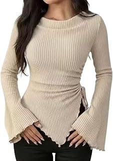 GORBETALI Ribbed Bell Sleeve | Round Neck Slim Fit Stretchable for Casual
