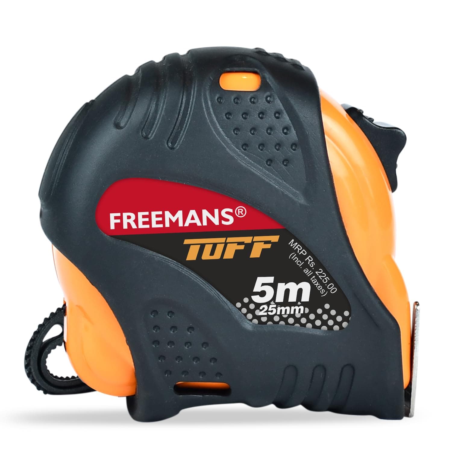 FREEMANS TUFF 5m:25mm Steel Inchi Measuring Tape - 5m with a Non Slip Rubber Covered ABS case || Double Side Printing || Click Action Front Lock and Belt Clip