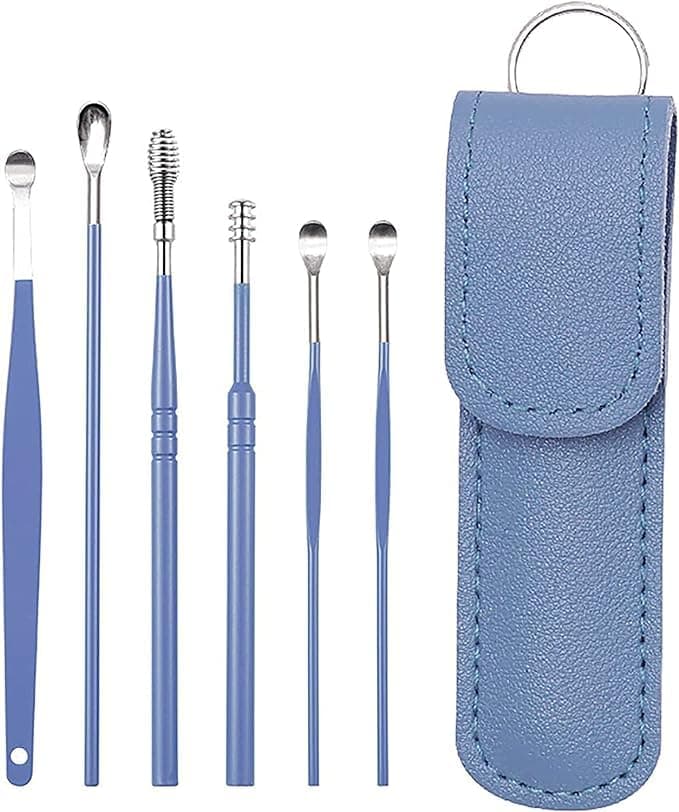 Flavoma Ear Wax Cleaner 6pcs | Resuable Ear Cleaner Tool Set with Storage Leather Pouch | Ear Wax Remover Tool Kit with Stainless Steel Ear Curette Cleaner and Spring Ear Buds Cleaner | Painless Ear Pick - 6 (Blue Color)
