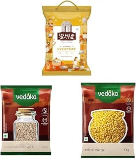 India Gate Basmati Rice Everyday 5 kg || Amazon Brand - Vedaka Whole Jeera (Cumin), 200g || Vedaka Popular Moong Dal, 1kg