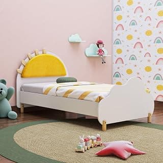 Wakefit Sunbeam Kids Bed | Single Bed for Kids | Sturdy Engineered Wood Cot with Soft-Close Hinges | Frosty White with Sun-Themed Headboard | Durable & Child-Safe