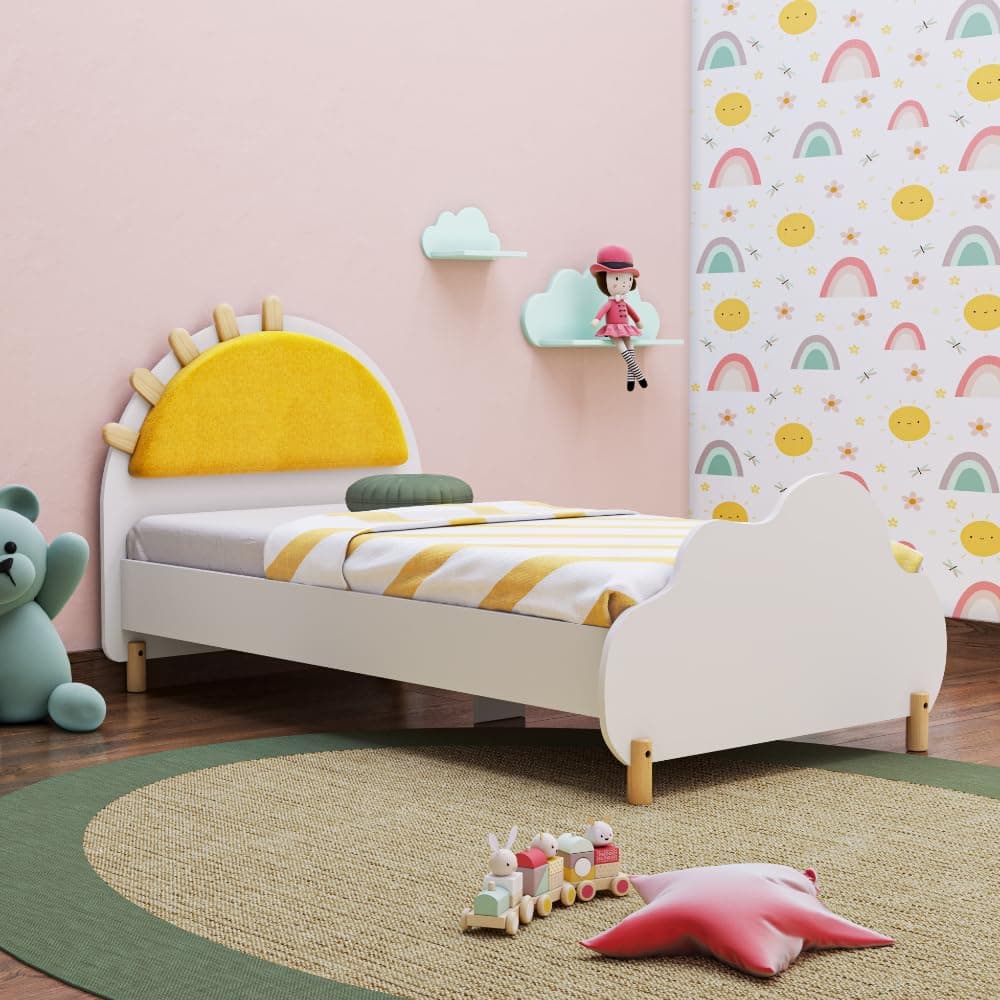 Wakefit Sunbeam Kids Bed | Single Bed for Kids | Sturdy Engineered Wood Cot with Soft-Close Hinges | Frosty White with Sun-Themed Headboard | Durable & Child-Safe
