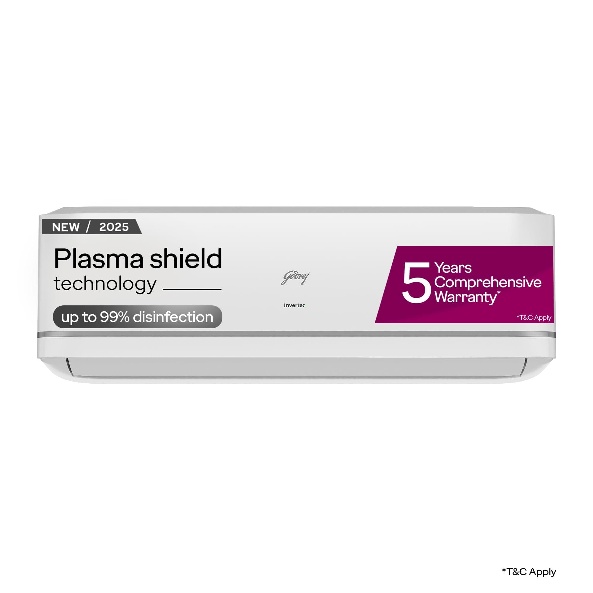 Godrej 1.6 Ton 5 (5 Years Comprehensive Warranty) Plasma Shield Technology, 5-In-1 Convertible Cooling, Inverter Split AC (Copper, 2025 Model, AC 1.6T SIC 19STC5 PZQ IOT, White)