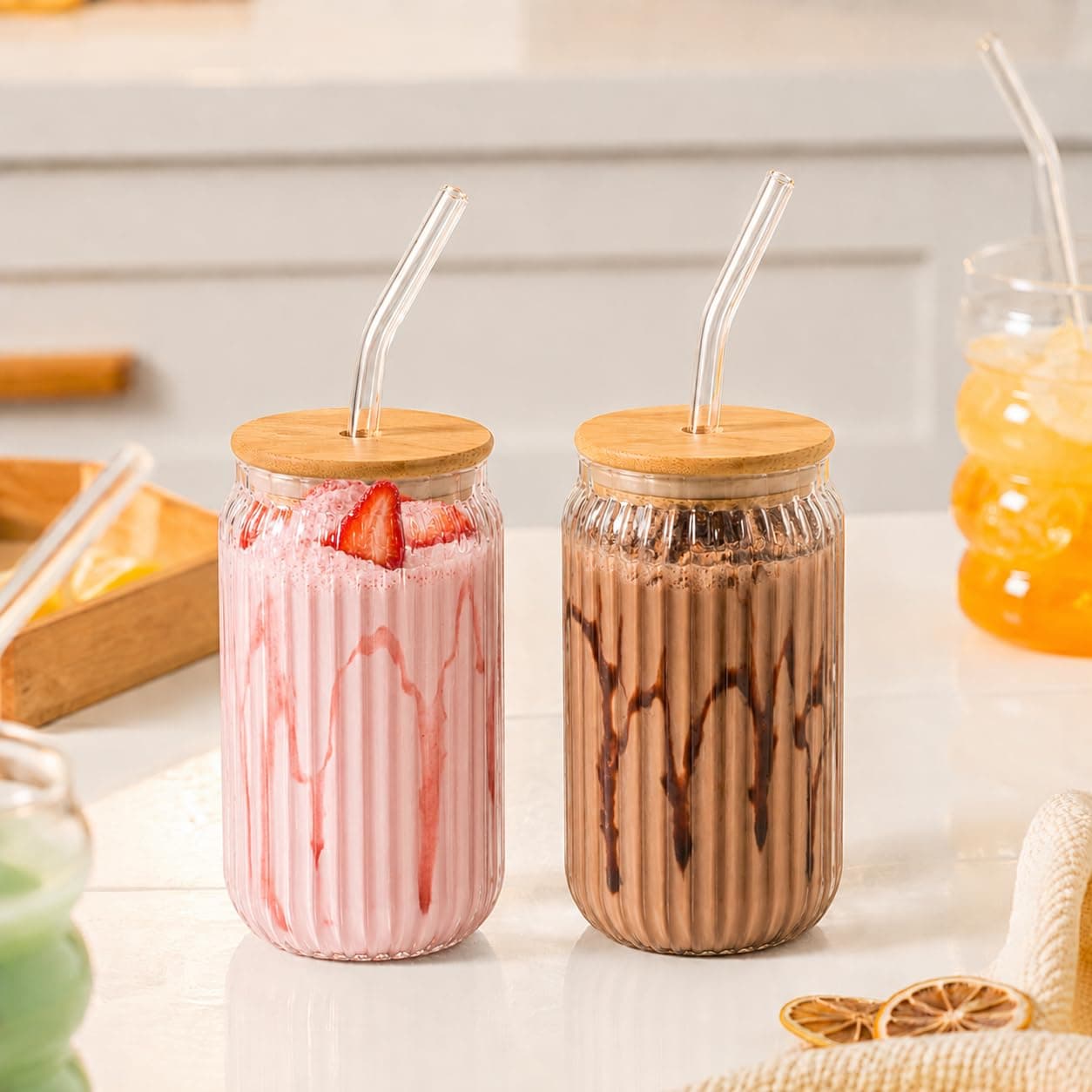 DailyAlley Ribbed Glass Tumbler with Bamboo Lid and Glass Straw, 400ml Coffee Glass & Sipper for Women and Girls, Cute Aesthetic Drinking Cup, Pack of 2