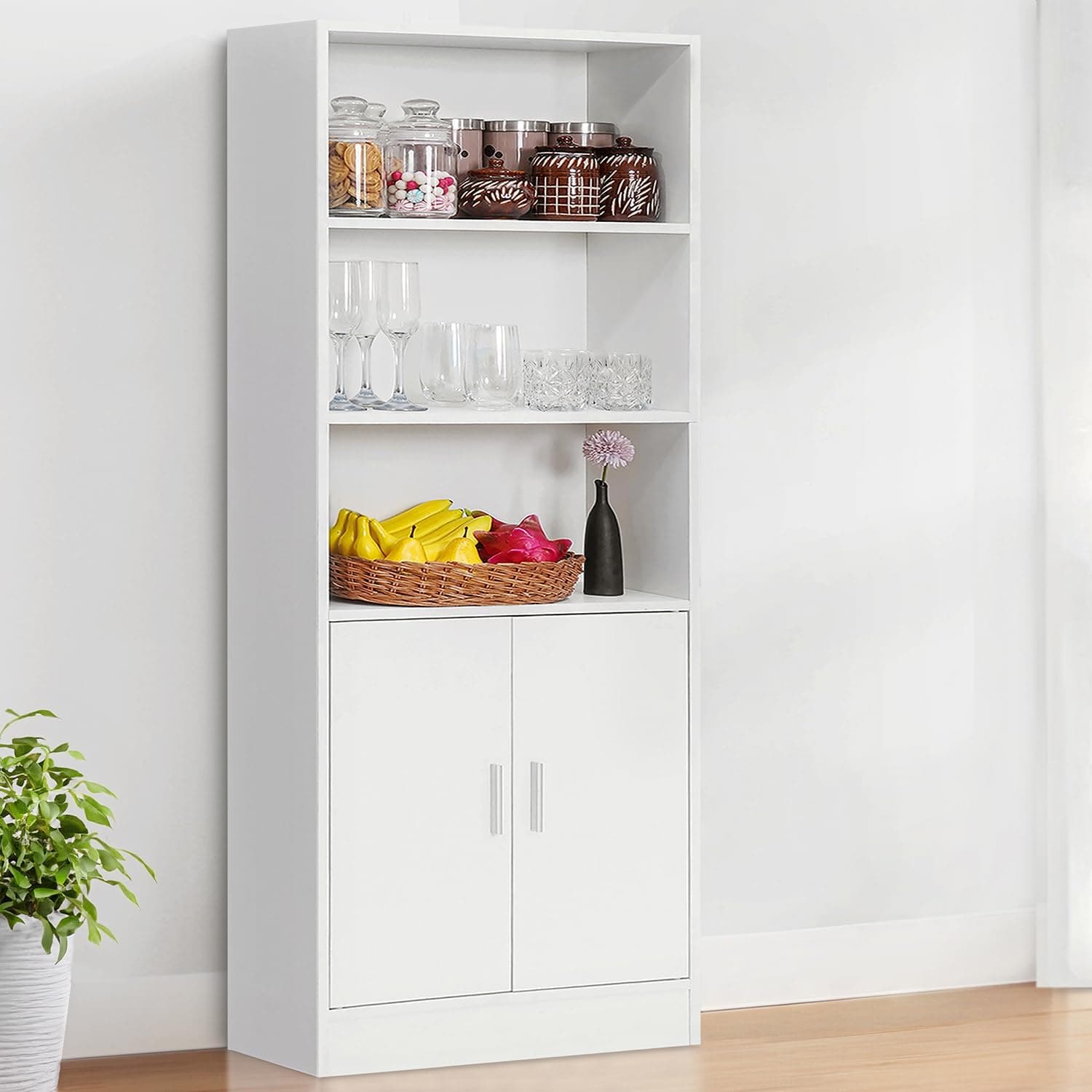 ABOUT SPACE 5 ft Kitchen Cabinet - 5 Tier Wooden Storage Cabinet with 3 Open Shelves & 2 Magnetic Door, Easy to Assemble Crockery Cabinets for Home Living Room (White - L 57 x B 25.5 x H 158 cm)