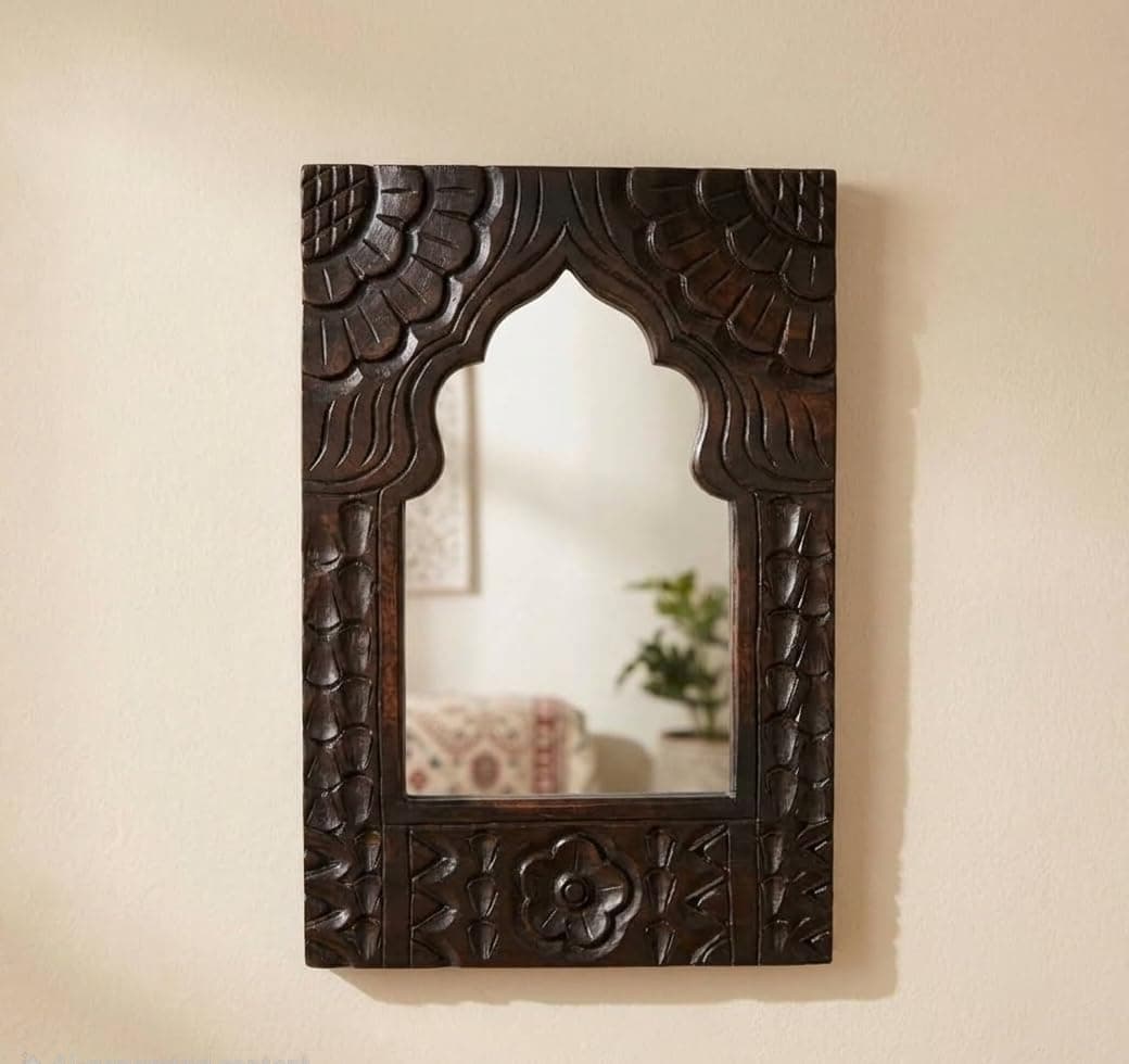 Antique Black Hand Carved Wooden Jharokha Wall Mirror Frame for Home & Bedroom Decor - Traditional Arch Design (Antique Black)
