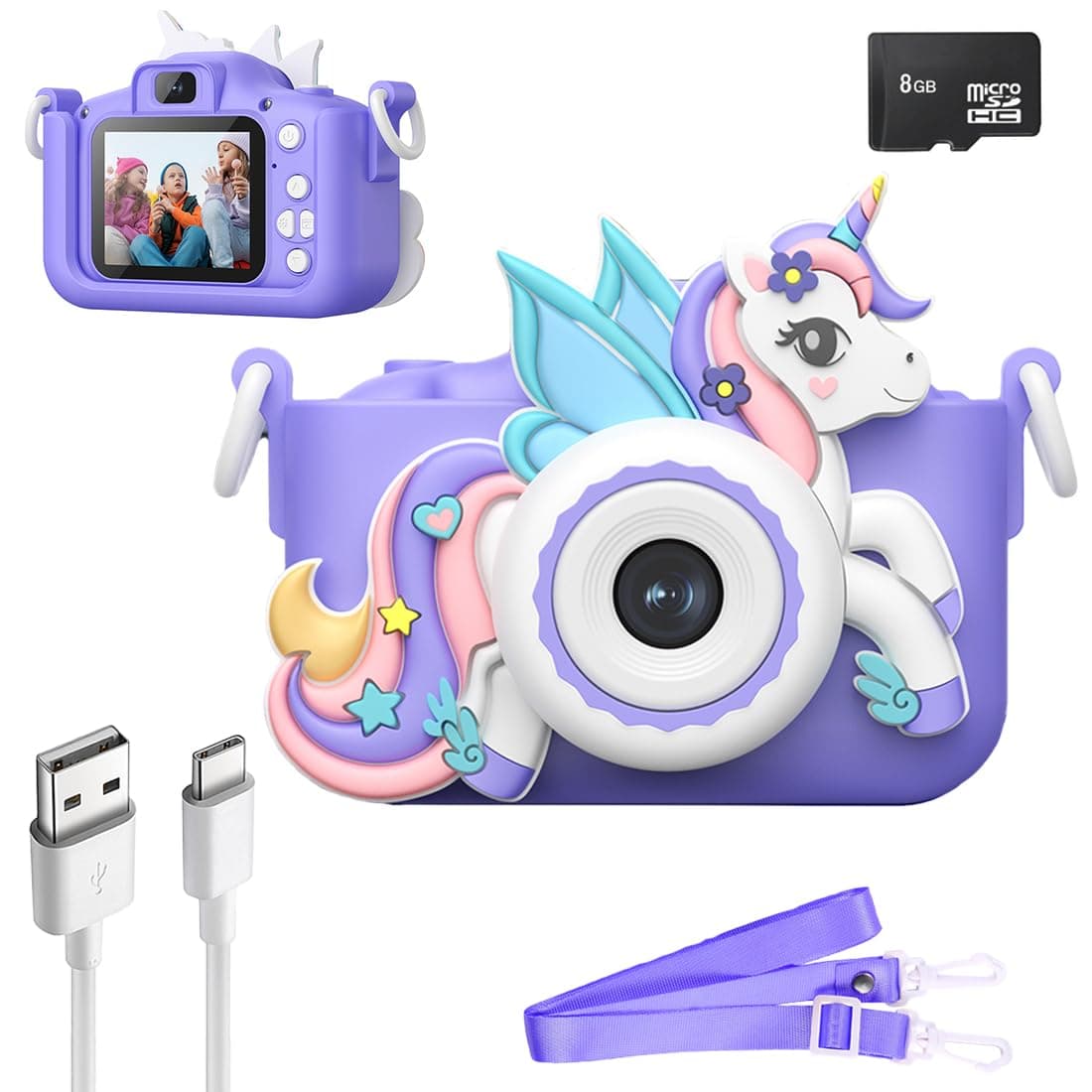 Wembley Kids Digital Camera with 2.0 Inch Screen, Unicorn Design, Selfie Camera, Photo & Video Recorder, Built-in Games, 8GB SD Card Included, Birthday Gift for Girls & Boys Ages 4–8 (Purple)
