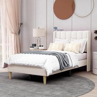 Solid Wood Upholstered Single Bed for Bedroom Without Storage | Premium Fabric with Wingback Headboard | Wooden Single Bed Palang for Home | Stylish Single Cot Bed | 6 x 4 Ft, Cream