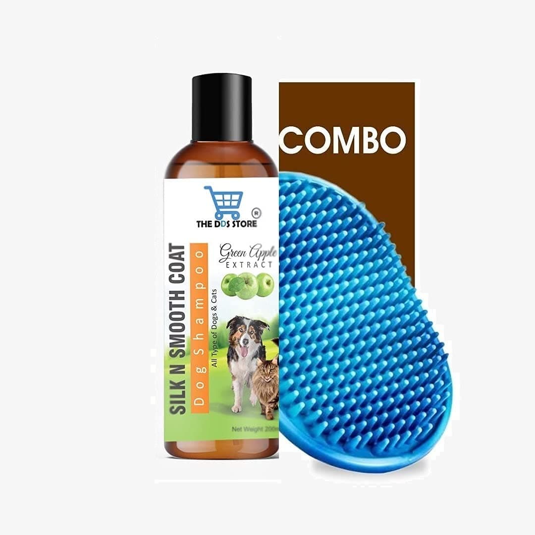 THE DDS STORE Dog Shampoo & Puppy Shampoo Naturally Organic Dog Shampoo for Smelly Dogs Grooming Products for Dogs, Deshedding Shampoo (1.Pc Silk N Smooth Coat (Green Apple)+Bath Brush)