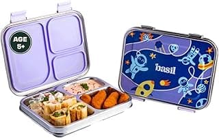 Basil Bento Box - 900 ml 3 Compartment Stainless Steel Lunch Box for Kids | Leak-Proof Tiffin for School - Blue Space | Super Swoosh
