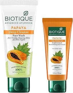Biotique Bio Papaya Revitalizing Tan-Removal Scrub, 100g & Papaya Visibly Flawless Skin Face Wash For All Skin Types, 150ml